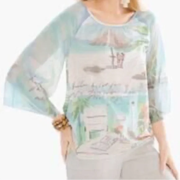Chicoâs Tropical Beach Scene Sheer Blouse (Size 3 / XL) - Picture 3 of 12